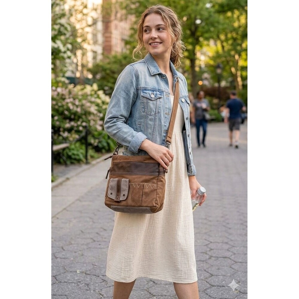 Myra Bag Women's Upcycled Canvas Leather Trim BOHO Hippie Crossbody Bag
